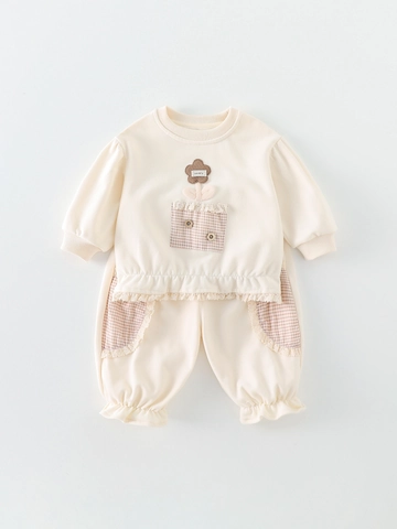 Fillettes Sweat et Pantalon Manches Longues Mélange Coton Fleurs Bordure Dentelle Tenue Décontractée pour Bébé