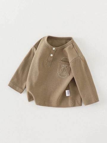 Baby Boys Long Sleeve Henley T-Shirt Cotton Solid Color Cartoon Pocket Bottoming Top For Toddlers Spring Autumn Clothing