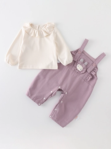 Baby Girl Autumn Outfit Long Sleeve Ruffle Collar Top And Rabbit Overalls Purple Clothing For Infants Toddlers