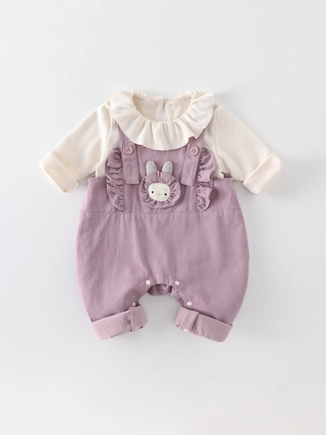 Baby Girl Autumn Outfit Long Sleeve Ruffle Collar Top And Rabbit Overalls Purple Clothing For Infants Toddlers
