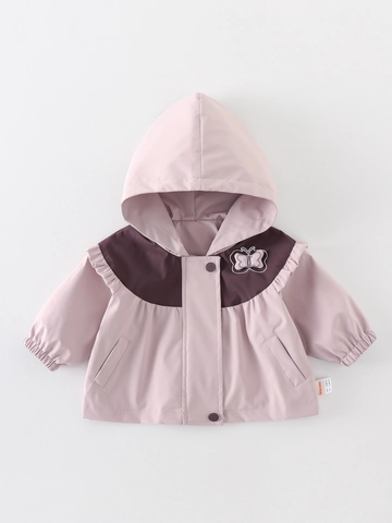 Chaqueta con Capucha Dulce para Bebé Niña Bordado de Mariposa Color de Contraste Hombro con Volantes Cortavientos Poliéster Abrigo Otoño