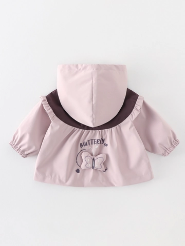 Chaqueta con Capucha Dulce para Bebé Niña Bordado de Mariposa Color de Contraste Hombro con Volantes Cortavientos Poliéster Abrigo Otoño