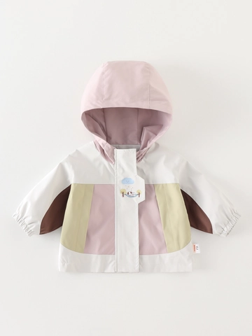 Giacca a Vento con Cappuccio per Bambini Stile Coreano Patchwork Stampa Cane Cartone Animato Autunno Capispalla Casual Top