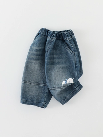 Kleinkind Jungen Casual Denim Jeans Herbst Gewaschene Baumwollmischung Hosen Mit Cartoon Ente Druck Elastischer Bund Mode Kinderhosen