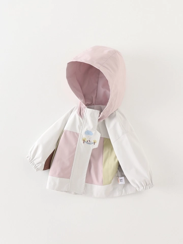 Giacca a Vento con Cappuccio per Bambini Stile Coreano Patchwork Stampa Cane Cartone Animato Autunno Capispalla Casual Top