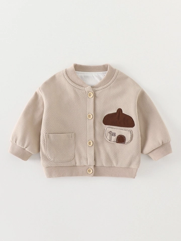 Toddler Boys Korean Style Waffle Knit Cardigan Jacket Long Sleeve Cartoon Patch Buttons Acetate Fiber Outerwear For Autumn