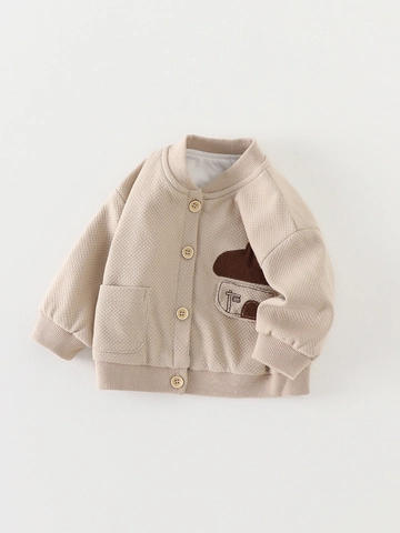 Toddler Boys Korean Style Waffle Knit Cardigan Jacket Long Sleeve Cartoon Patch Buttons Acetate Fiber Outerwear For Autumn