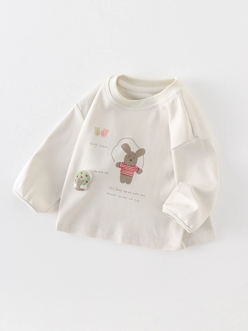 Toddler Girls Long Sleeve T-Shirt Cartoon Rabbit Printed Crew Neck Cotton Blend Top Fall Basic Undershirt For Baby Girls