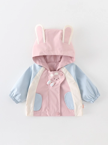 Giacca a Vento Color-Block Autunnale per Bambine Con Cappuccio Con Orecchie di Coniglio Fibra di Acetato Soprabito per Bimbe