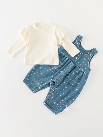Baby Girl Cute 2-Piece Autumn Set Cotton Ribbed Long Sleeve Top Blue Polka Dot Bow Suspenders Pants Infant Outfit