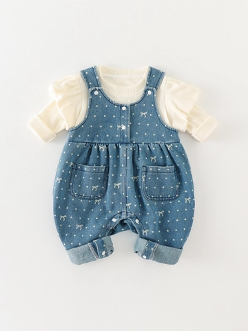 Baby Girl Cute 2-Piece Autumn Set Cotton Ribbed Long Sleeve Top Blue Polka Dot Bow Suspenders Pants Infant Outfit
