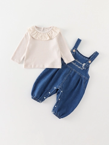 Baby Mädchen Herbst Denim Latzhose Set Rüschenkragen Langarm Top Und Herz Stickerei Jeans 2 Teiliges Outfit Lässige Babykleidung