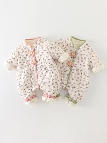 Baby Girls Quilted Floral Romper Korean Style Padded Jumpsuit Cotton Lining Winter Warm Infant Long Sleeve Bodysuit