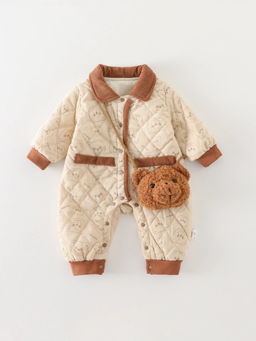 Winter Quilted Baby Romper Cotton Blend Thickened Jumpsuit With Bear Print And Plush Bag For Infants Toddlers Unisex Outfit