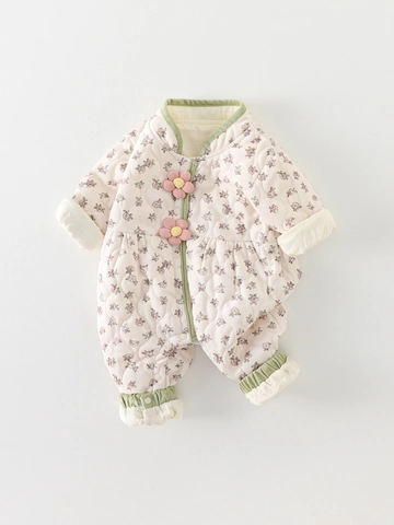 Baby Girls Quilted Floral Romper Korean Style Padded Jumpsuit Cotton Lining Winter Warm Infant Long Sleeve Bodysuit