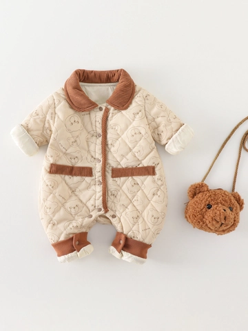 Winter Quilted Baby Romper Cotton Blend Thickened Jumpsuit With Bear Print And Plush Bag For Infants Toddlers Unisex Outfit