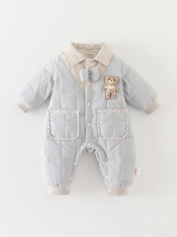 Newborn Baby Quilted Romper Warm Thickened Long Sleeve Bodysuit With Bear Doll Cute Autumn Winter Jumpsuit For Infant