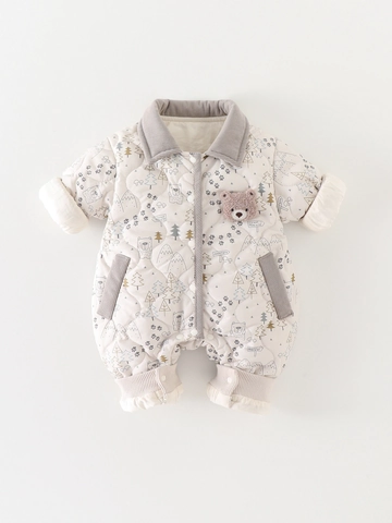 Baby Thickened Quilted Romper Winter Warm Padded Jumpsuit Forest Bear Printed Cotton Blend Long Sleeve Bodysuit For Infants