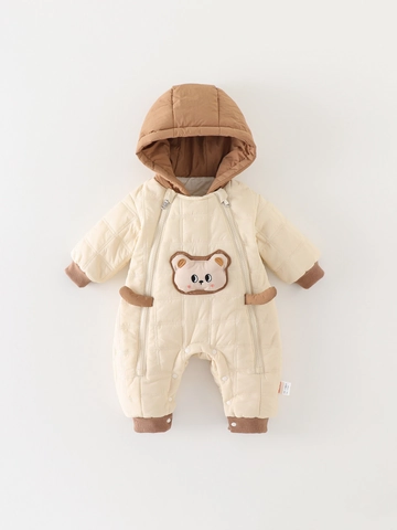 Infant Baby Winter Quilted Double Zipper Romper Jumpsuit Thick Fleece Hooded Cartoon Bear Warm Outwear For Toddler Boys