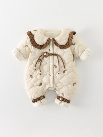Infant Baby Girl Quilted Jumpsuit Autumn Winter Padded Romper Vintage Floral Ruffle Collar Warm Bodysuit For Newborn Toddler