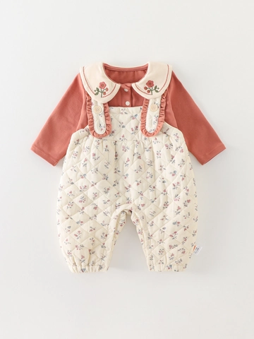 Body Acolchado Floral para Bebé Niña Conjunto de Dos Piezas Cuello Peter Pan Bordado Grueso Cálido Invierno Ropa de Bebé