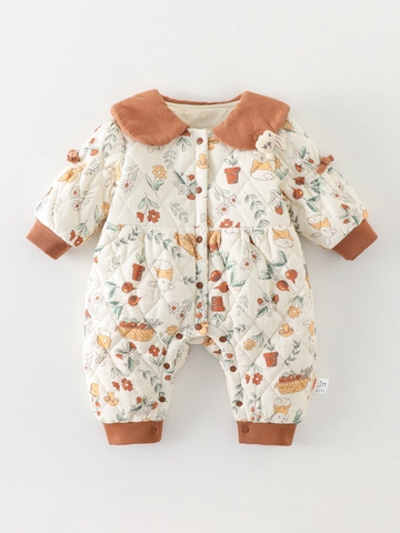 Infant Winter Padded Romper Quilted Warm Cotton Jumpsuit Long Sleeve Floral Rabbit Print Newborn Baby Girl Climbing Clothes