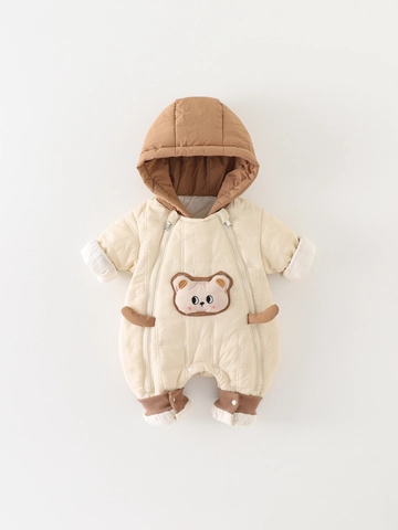 Infant Baby Winter Quilted Double Zipper Romper Jumpsuit Thick Fleece Hooded Cartoon Bear Warm Outwear For Toddler Boys