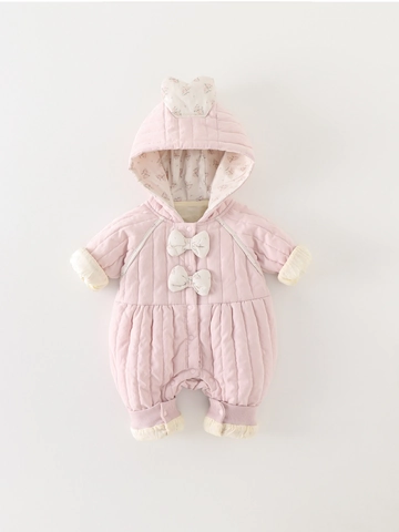 Tutina Neonata Trapuntata con Cappuccio Autunno Inverno Calda Imbottita in Cotone Rosa Floreale Fiocco Pagliaccetto Bimba
