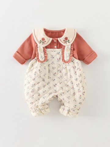 Body Acolchado Floral para Bebé Niña Conjunto de Dos Piezas Cuello Peter Pan Bordado Grueso Cálido Invierno Ropa de Bebé
