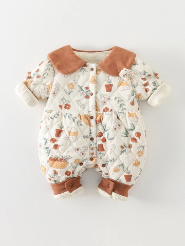 Infant Winter Padded Romper Quilted Warm Cotton Jumpsuit Long Sleeve Floral Rabbit Print Newborn Baby Girl Climbing Clothes