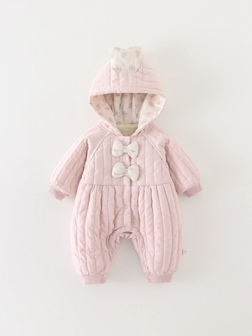 Tutina Neonata Trapuntata con Cappuccio Autunno Inverno Calda Imbottita in Cotone Rosa Floreale Fiocco Pagliaccetto Bimba