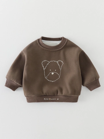 Felpa da Bambino Foderata in Pile Morbido Misto Cotone Caldo Girocollo Manica Lunga Stampa Orso Cartone Animato Casual Top Coreano