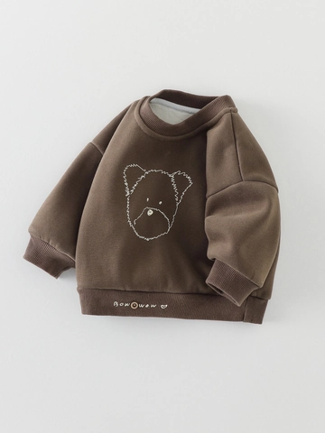 Felpa da Bambino Foderata in Pile Morbido Misto Cotone Caldo Girocollo Manica Lunga Stampa Orso Cartone Animato Casual Top Coreano