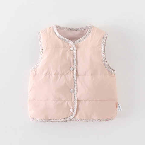 Gilet in Piuma Trapuntata Rosa da Neonata Senza Maniche Girocollo Caldo Finitura Floreale Gilet Imbottito Autunno Inverno Bambini