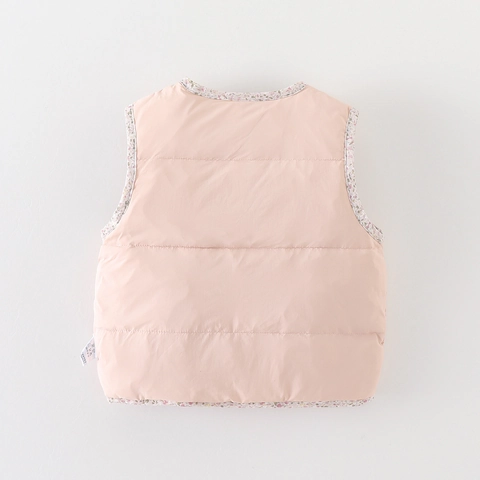 Gilet in Piuma Trapuntata Rosa da Neonata Senza Maniche Girocollo Caldo Finitura Floreale Gilet Imbottito Autunno Inverno Bambini