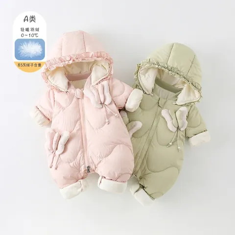 Tuta da Neve Invernale per Neonata in Piumino con Cappuccio Trapuntato Pagliaccetto in Piuma d'Anatra Bianca Calda Foderata