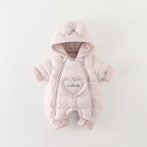Baby Girls Winter Thick Hooded Romper Warm Polyester Polka Dot Jumpsuit With Bow Heart Embroidery Outdoor Snowsuit