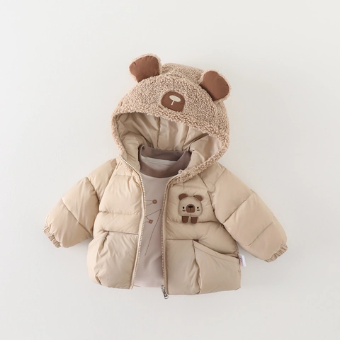 Giacca Imbottita in Cotone Ispessito Invernale per Neonati Cappotto Caldo con Cappuccio e Orecchie da Orso Fodera in Lana di Agnello