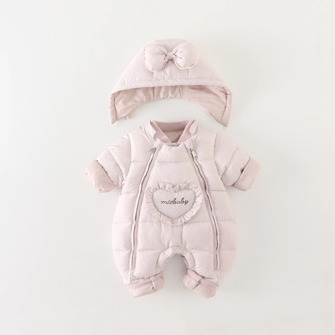 Baby Girls Winter Thick Hooded Romper Warm Polyester Polka Dot Jumpsuit With Bow Heart Embroidery Outdoor Snowsuit