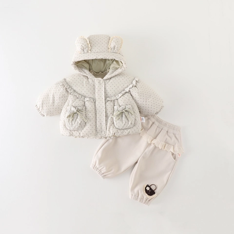 Baby Girls Winter Three-Piece Clothing Outfit Floral Quilted Hooded Jacket With Bear Ears Ruffle Long Sleeve Top And Pants Thickened Warm Toddler Outing Clothes