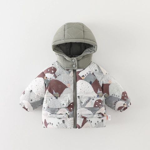 Cappotto Imbottito Invernale Per Neonati Con Cappuccio Stampa Paesaggio Cartone Animato Giacca Calda Ispessita Per Bambini