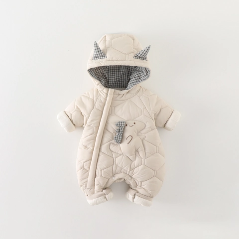Pagliaccetto Neonato Maschio Dinosauro Cartone Animato Trapuntato Ispessito Caldo Tuta Invernale Per Neonati Outdoor Beige