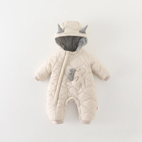 Pagliaccetto Neonato Maschio Dinosauro Cartone Animato Trapuntato Ispessito Caldo Tuta Invernale Per Neonati Outdoor Beige