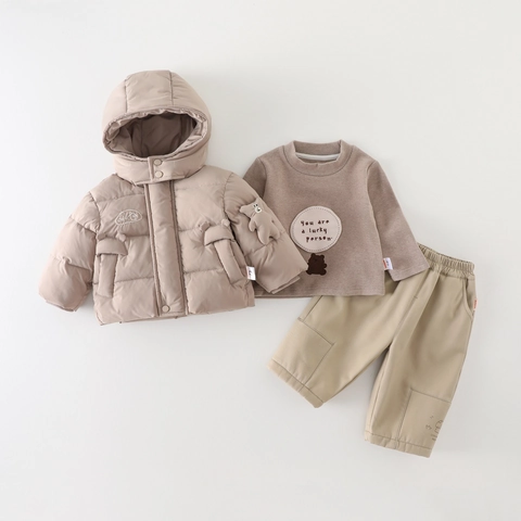 Conjunto de Ropa de Invierno Cálida para Bebé Niño Chaqueta de Algodón Con Capucha Y Sudadera Con Pantalones Térmicos Engrosados