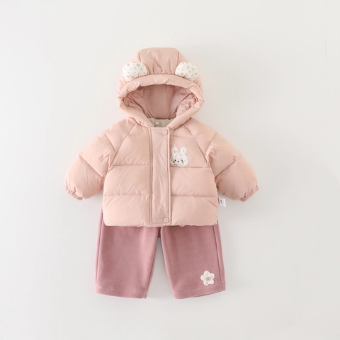 Infant Baby Girls Winter Thickened Warm Hooded Jacket With Bunny Ears Long Sleeve Top And Pants Daily Warm Clothes