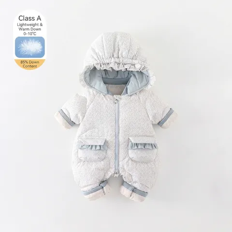 Schattige Baby Meisje Witte Eendendons Jumpsuit Bloemenprint Met Capuchon Sneeuwpak Winter Dik Warm Peuter Romper Ruffle Trim Polyester