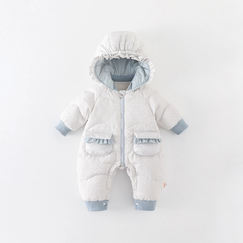 Schattige Baby Meisje Witte Eendendons Jumpsuit Bloemenprint Met Capuchon Sneeuwpak Winter Dik Warm Peuter Romper Ruffle Trim Polyester