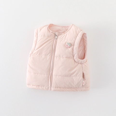 Baby Girl Pink Quilted Down Vest Sleeveless Jacket Strawberry Embroidery Plaid Lining Warm Winter Puffer Waistcoat