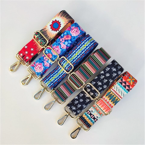 Ethnic Pattern Adjustable Wide Bag Strap For Women Polyester Replacement Crossbody Strap With Metal Buckles Geometric Print