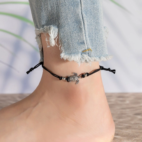 Tobillera Con Dije De Tortuga Cuerda De Cera Trenzada Estilo Playero Bohemio Joyería Para Mujer Cordón Ajustable Verano